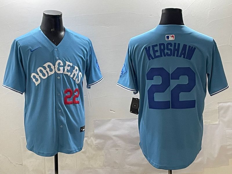 Men Los Angeles Dodgers 22 Kershaw Light Blue Joint Name 2025 Nike MLB Jersey style 21